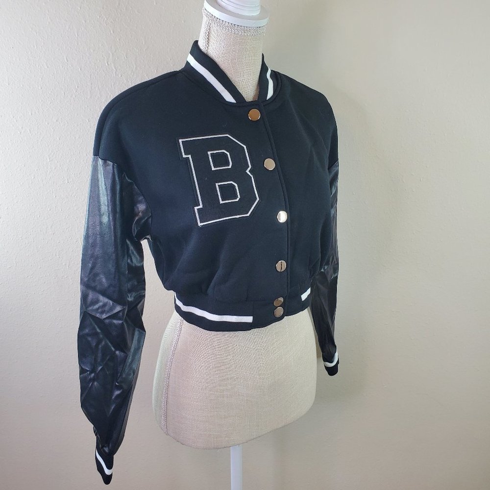 SHEIN Womens Black Letter Patch Detail Drop Shoulder Crop Varsity Jacket